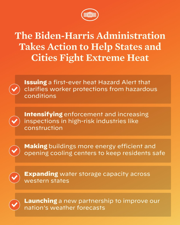 Plakat mit der Überschrift "Die Biden-Harris-Regierung setzt sich für den Kampf gegen extreme Hitze in Bundesstaaten und Städten ein" mit einem roten und weißen Schild-Design mit einem Blitz, eingerahmt von einem gelben Rand auf einem weißen Hintergrund.