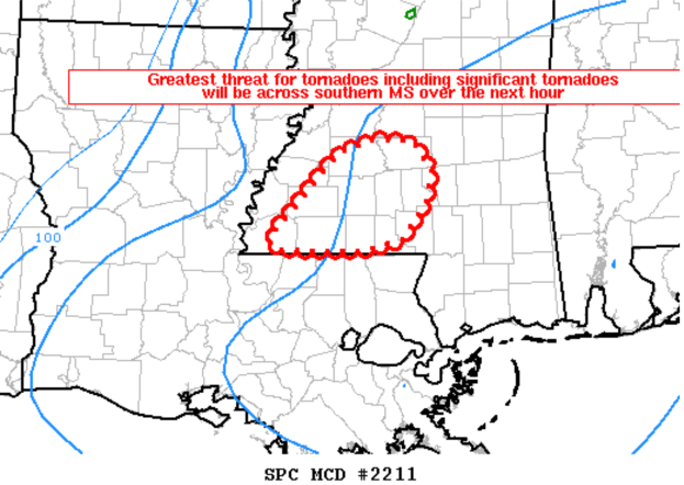 Eine Karte der Vereinigten Staaten mit einem roten Kreis in der Mitte, der die größte Bedrohung durch Tornados anzeigt, mit dem Text "Größte Bedrohung durch Tornados".