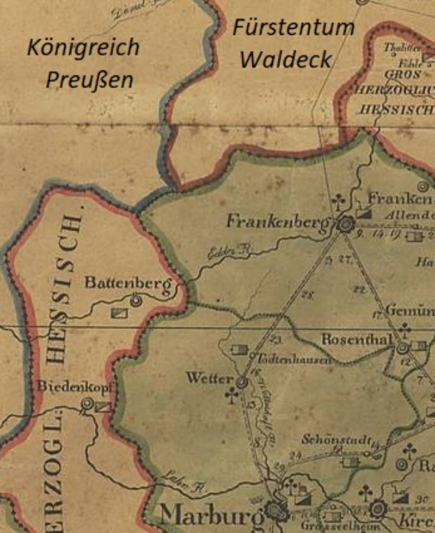 Ein alter Stadtplan von Frankfurt, Deutschland, mit detaillierten Straßen, Gebäuden, Sehenswürdigkeiten und Beschriftungen in primarily shades of blue, green and yellow.
