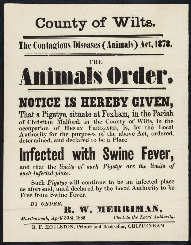 Ein Plakat mit Text, der eine Bekanntmachung nach dem Tierseuchengesetz von 1878 ankündigt, die sich auf die Afrikanische Schweinepest in Wiltshire bezieht.