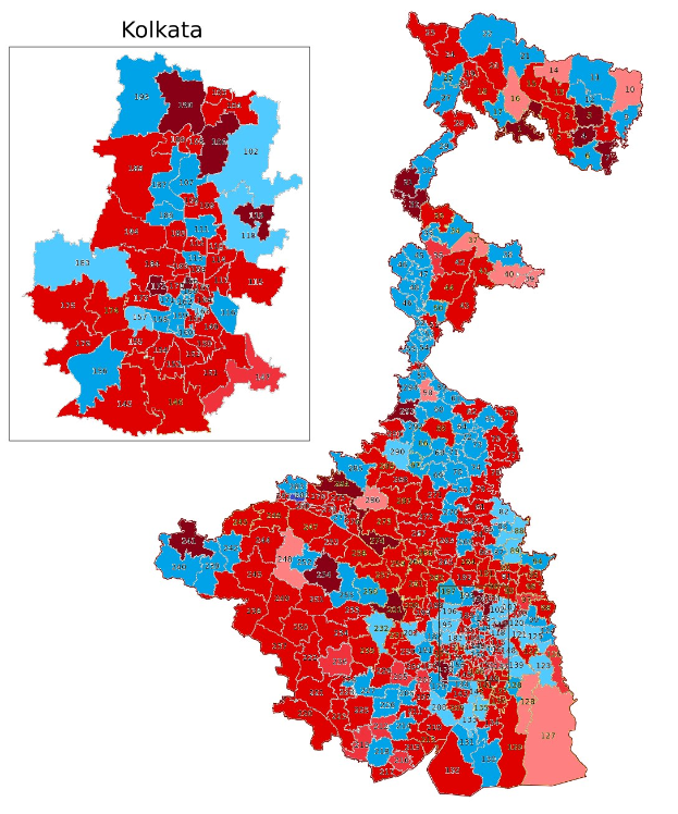 Eine Karte von Kolkata, Indien, farblich unterteilt, um den Prozentsatz der Menschen in verschiedenen Gebieten zu zeigen, mit dem Text "Kolkata-Wahl-Ergebnisse" oben.