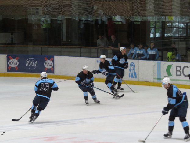 Gruppe von Menschen beim Eishockey auf einer Indoor-Eisfläche, mit Helmen, Schlittschuhen und Hockey-Schlägern, mit durch Glaswände sichtbaren Zuschauern.