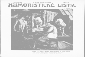 Ein Schwarz-Weiß-Plakat mit einer Frau auf einem Stuhl vor einem Spiegel, umgeben von ein paar anderen Menschen, und dem Text "Humoristische Liste" oben und unten.