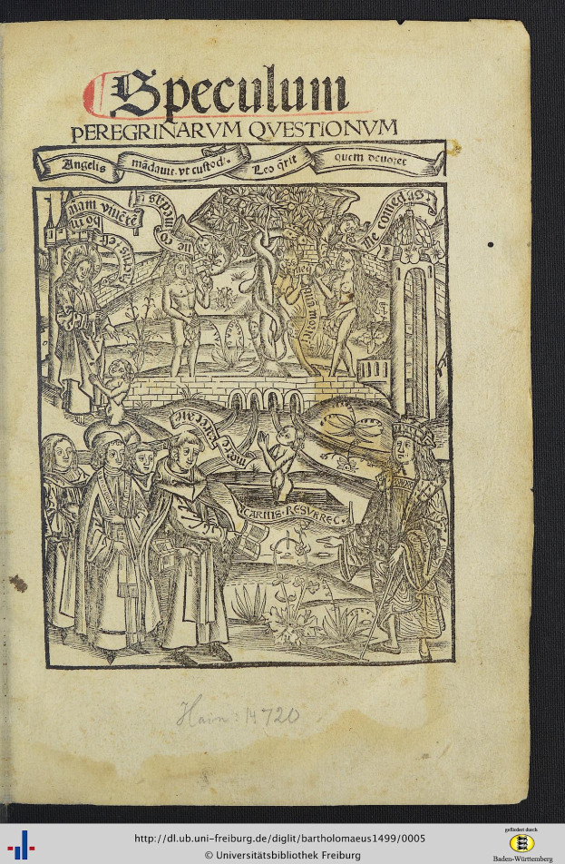 Ein aufgeschlagenes Buch mit dem Titel "Speculum Peregrinarvm Questionum" aus dem 14. Jahrhundert, das eine Zeichnung von Menschen in traditioneller Kleidung zeigt, die sich unterhalten, wobei einige mit den Händen gestikulieren, vor einem hellblauen Hintergrund.