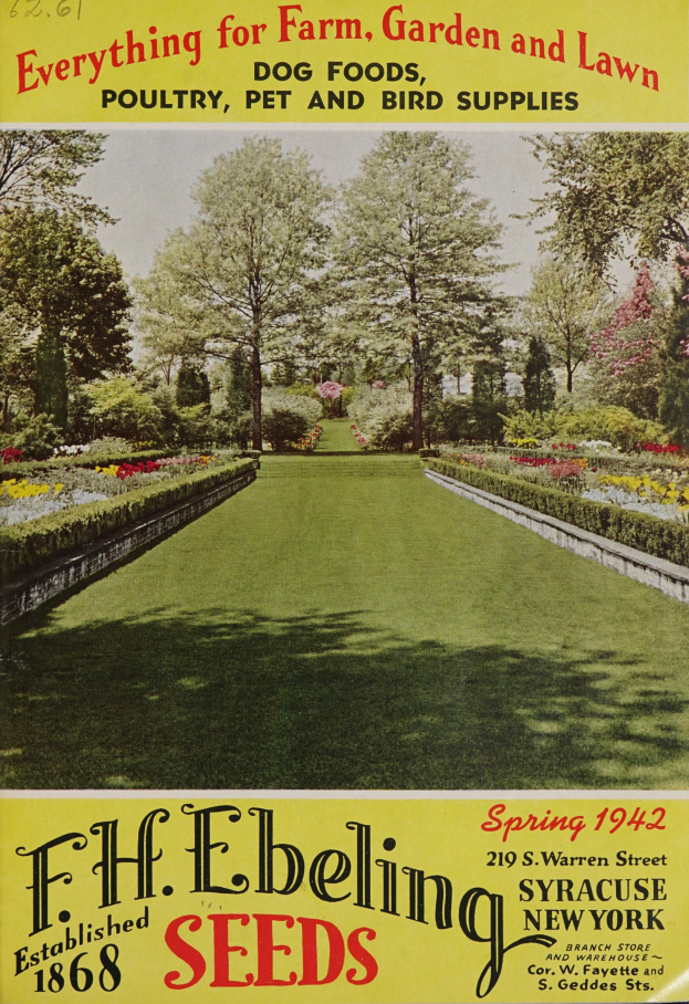 Ein Buch mit dem Titel "Alles für Hof, Garten und Rasen" mit einer GartenSzene auf dem Cover, das auf grünem Gras mit Blumen, Bäumen und einem blauen Himmel im Hintergrund liegt.