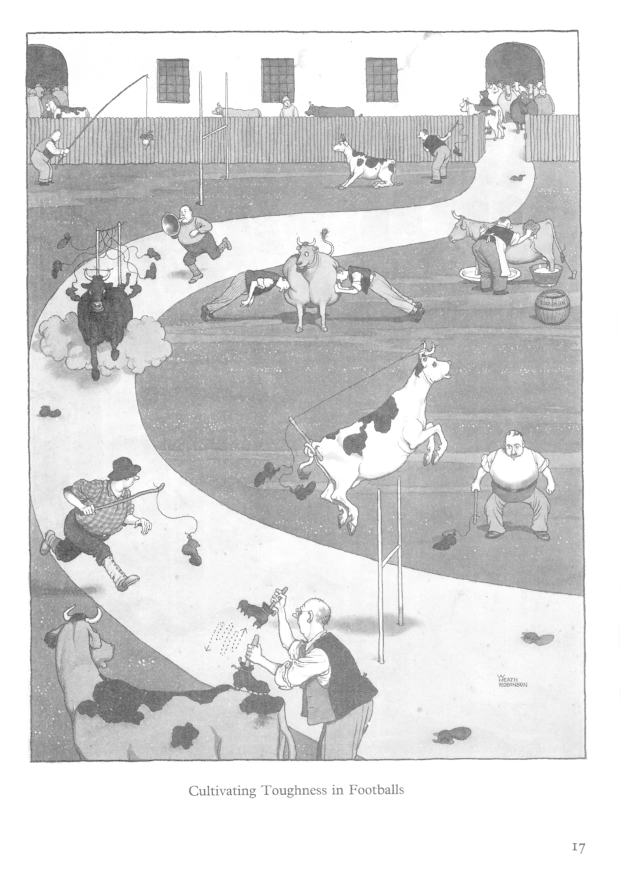 Schwarze und weiße Zeichnung einer Gruppe von Menschen und Tieren in einem Feld mit einer Wand und Fenstern im Hintergrund, mit dem Text "Zähigkeit im Fußball kultivieren" unten.