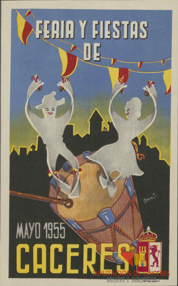 Ein buntes Plakat, das das Faschingsfest "Feria y Fiestas de Caceres" in Cacceres, Spanien, ankündigt, mit Menschen in traditioneller Kleidung, einem hellgelben Hintergrund und Veranstaltungseinzelheiten.