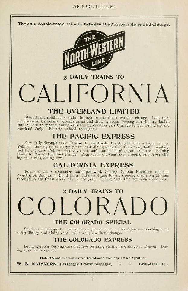 Ein Blatt Papier mit der Aufschrift "The North Western Line - 3 Daily Trains to California, The Overland Limited, The Pacific Express, and Colorado"