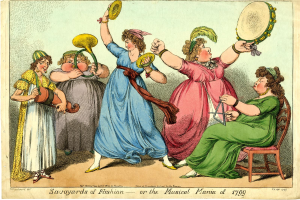 Eine Gruppe von Frauen in bunten Kleidern, die Musikinstrumente spielen, mit einer Frau in der Mitte auf einem Stuhl sitzend, und Text unten mit der Aufschrift 'Savoyards der Mode oder die musikalische Manie von 1799'.