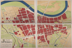 Ein detaillierter Stadtplan von Stadt Offenbach, Deutschland, der Straßen, Gebäude und Sehenswürdigkeiten mit Texten zeigt, die zusätzliche Informationen liefern.