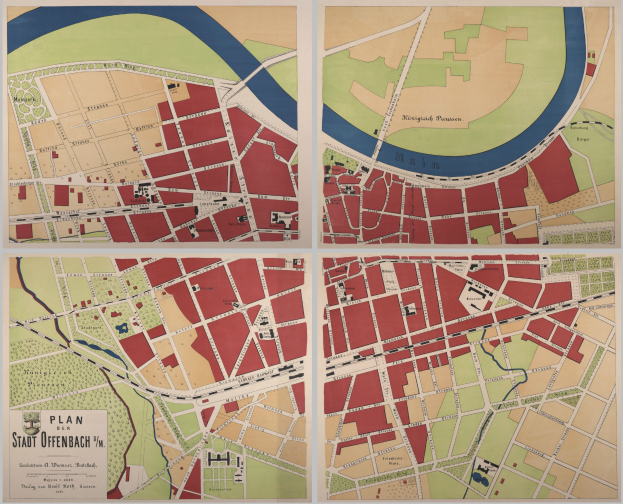 Ein detaillierter Stadtplan von Stadt Offenbach, Deutschland, der Straßen, Gebäude und Sehenswürdigkeiten mit Texten zeigt, die zusätzliche Informationen liefern.