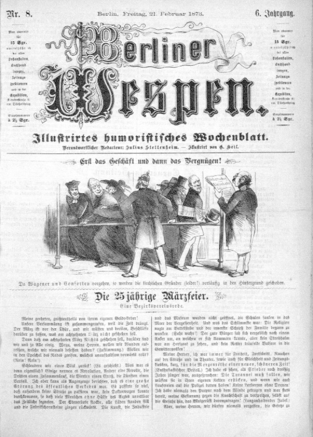 An old German newspaper titled 'Berliner Wespen' dated February 21, 1873, featuring a photograph of a group of people in traditional German attire engaged in conversation.