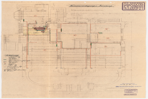 Ein detaillierter architektonischer Entwurf des Rosenhof-Krankenhauses in Hamburg, Deutschland, mit zahlreichen Drähten und Texten, die den Aufbau detaillieren, darunter Räume, Flure und andere Merkmale.