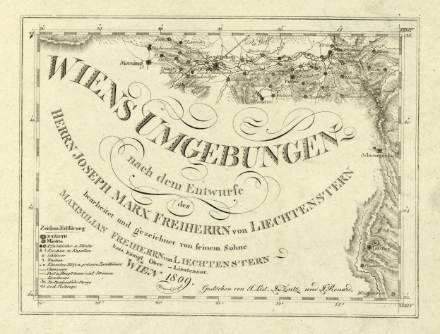Detailreiches altes Stadtplan von Wien, Deutschland, das Städte, Ortschaften, geografische Merkmale, Bevölkerung, Straßen und Sehenswürdigkeiten zeigt, mit begleitendem Text.
