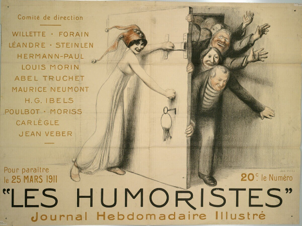 Ein buntes Plakat an einer Gebäudewand mit der Aufschrift 'Les Humoristes Journal Hebdomadaire Illustré', das lachende Menschen in leuchtenden Farben zeigt.