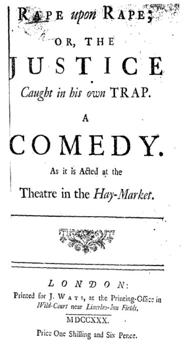 Schwarzes und weißes Poster mit der Aufschrift "Vergewaltigung auf Vergewaltigung oder die Gerechtigkeit, die in ihrer eigenen Falle gefangen ist" in fetter schwarzer Schrift, wahrscheinlich Ankündigung einer Comedy-Show.