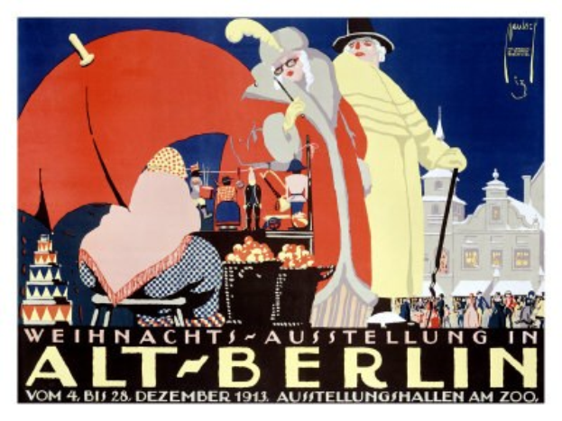 Plakat, das eine Weihnachtsausstellung in altem Berlin ankündigt, mit leuchtenden Illustrationen von Menschen und Gebäuden und dem Text "Weihnachtsausstellung in Alt-Berlin" oben.
