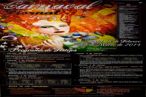 Eine Frau in einem bunten Kleid, die lächlt, umgeben von schwarzem Text, der "Carnaval Festival 2014" auf einem leuchtend gelben Hintergrund liest.