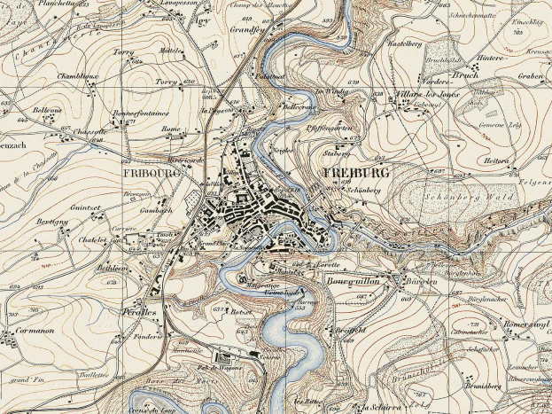 Ein altes topografisches Stadtplan von Freiburg, Deutschland, mit einem Fluss, Straßen, Gebäuden und Sehenswürdigkeiten.