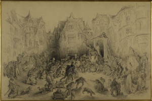 Eine Zeichnung einer belebten Stadtstraße mit Menschen, die stehen und sitzen, in einem Photo Rahmen, mit Gebäuden im Hintergrund.