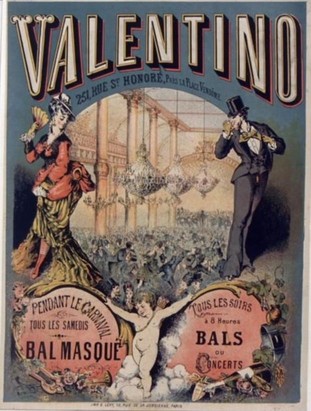 Ein Plakat, das eine Valentinstagsfeier in Paris ankündigt, zeigt einen Mann mit Zylinder und eine Frau in einem langen Kleid nebeneinanderstehend, mit Text zur Beschreibung des Ereignisses.