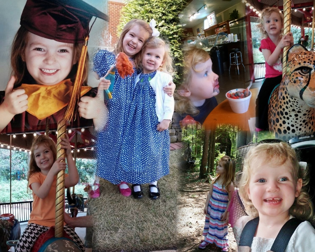 Ein Collage-Bild mit Vergnügungspark-Fahrgeschäften, einem Tisch mit Essensartikeln einschließlich eines Bechers und Löffels, verschiedenen Gegenständen, Lichtern, einer Wand, Büschen, Bäumen, Gras, einem Seil und einem Hut.