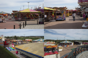 Ein buntes Faschingsbild mit verschiedenen Fahrgeschäften, Buden, Menschen, Polen, Lichtern, vor einem Hintergrund aus Bäumen und einem bewölkten Himmel, mit einem Wasserzeichen.