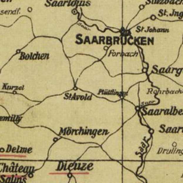 Ein detaillierter alter Stadtplan von Saarbrücken, Deutschland, mit Straßen, Gebäuden und Sehenswürdigkeiten, mit Text in einer klassischen Schriftart.