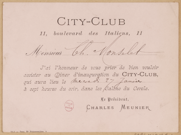 Ein altes Dokument mit den Worten 'City Club' und etwas Text, das ein Siegel zeigt.