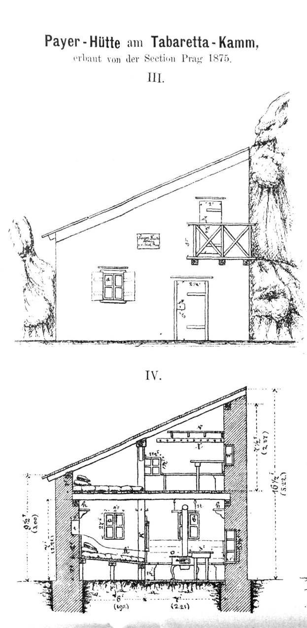 Eine Zeichnung eines Hauses mit einem Dach mit Schrägen und einem Schornstein, umgeben von einer üppigen grünen Landschaft mit Bäumen und Sträuchern, mit der Aufschrift "Payer-Hütte am Tabaretta-Kamm, Erbant von der Section Prag 1875" oben.