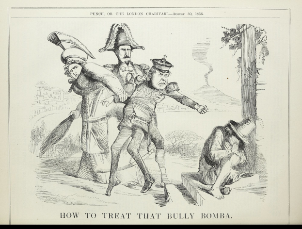 Ein Blatt mit einer Zeichnung von drei Personen, wobei eine einen Stock hält, und Text, der "Wie man diesen Mobbing-Bomba behandelt" lautet.